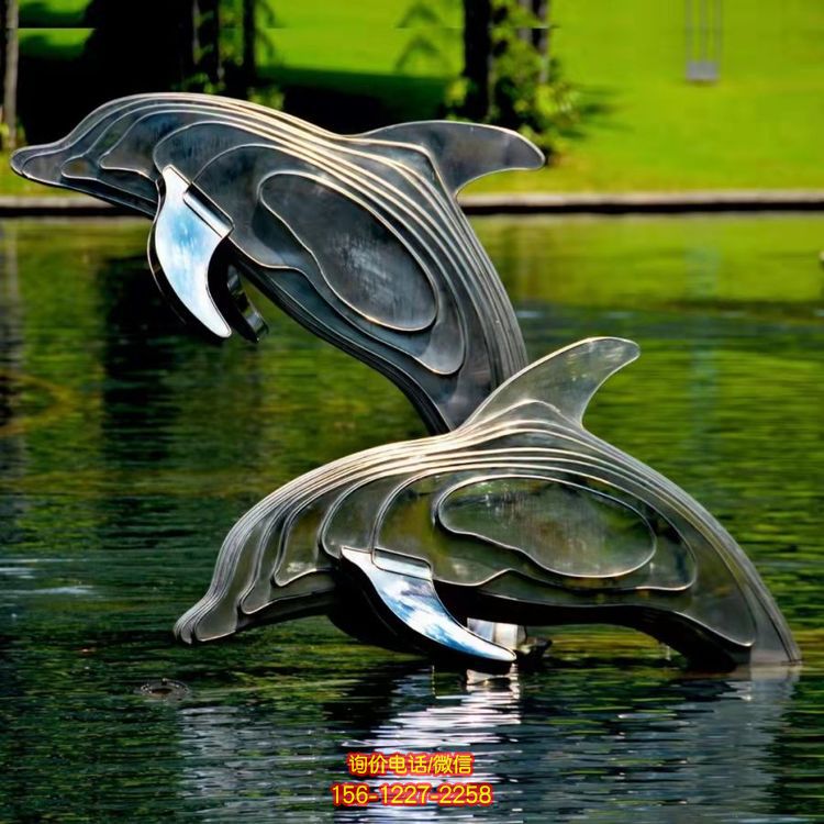 不銹鋼海豚雕塑，池塘水景抽象海豚景觀動物雕塑